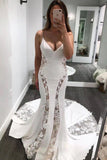 Spaghetti Straps See Through Mermaid V-neck Lace Wedding Dress Bridal Gowns Y0045