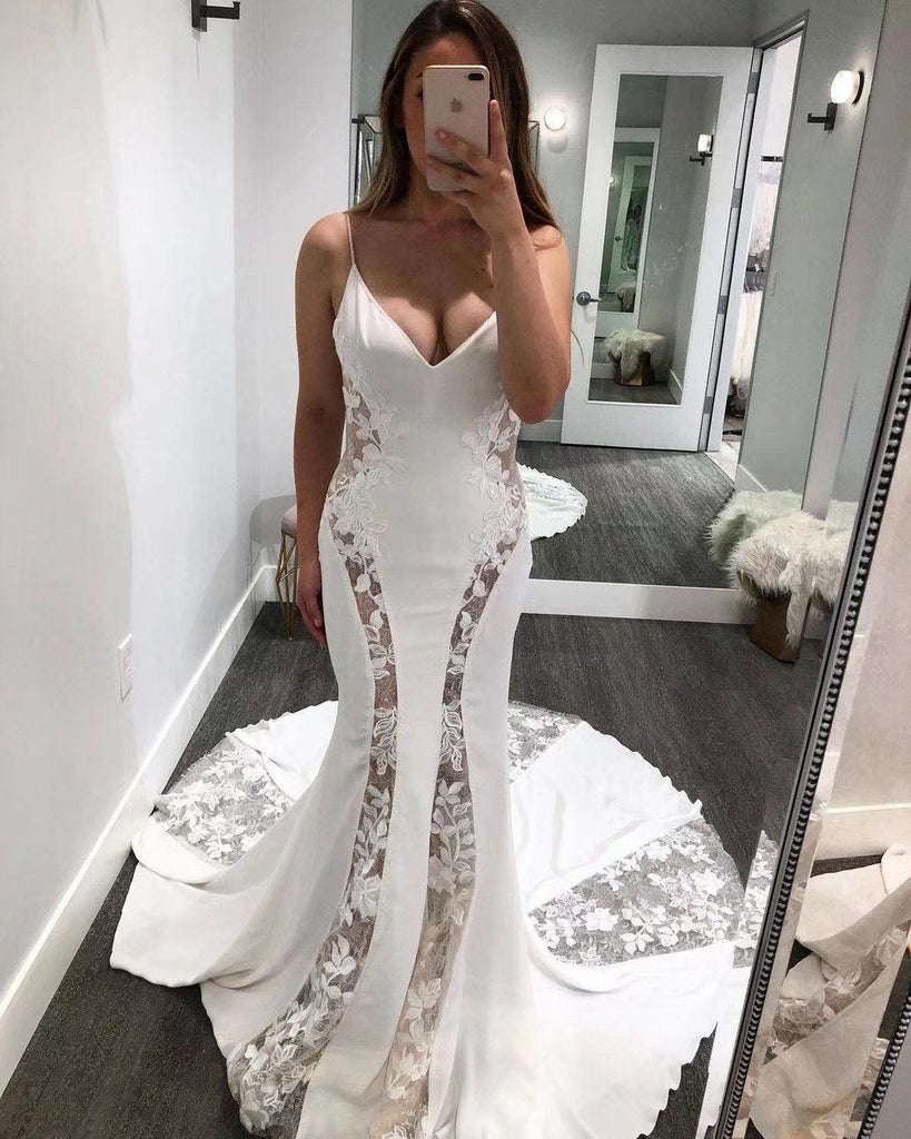 Spaghetti Straps See Through Mermaid V-neck Lace Wedding Dress Bridal Gowns Y0045