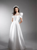 Simple Vintage White Satin A-line Style Disney Long Wedding Dress With Puff Sleeves Y0046
