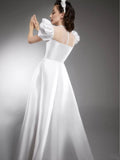 Vintage White Satin A-line Simpel Style Disney Long Wedding Dress With Puff Sleeves Y0046