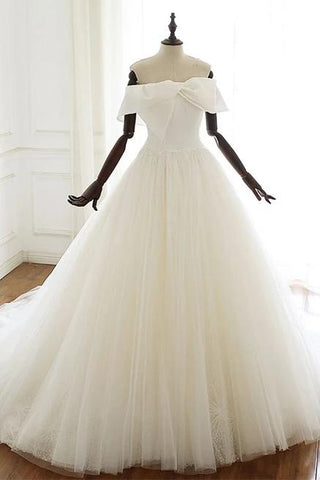 Off The Shoulder Simple Lace Up Ivory Tulle Wedding Dress Elegant Bridal Gowns Y0062