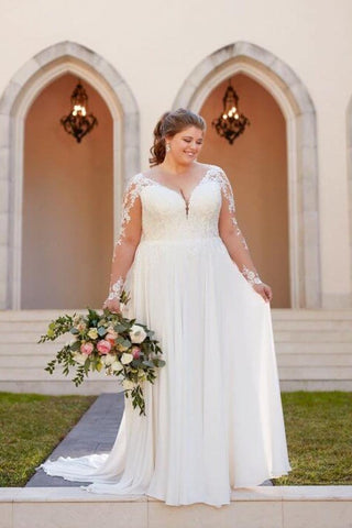 Modest Long Sleeves Lace Chiffon V-neck Plus Sizes Beach Wedding Dress Y0114
