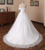 Charming Off The Shoulder A-line Tulle Long Wedding Dresses With Lace Appliques