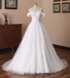 Charming Off The Shoulder A-line Tulle Long Wedding Dresses With Lace Appliques