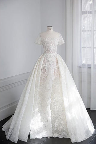 Gorgeous Short Sleeves Long Lace Wedding Dress Elegant Bridal Dress Y0135