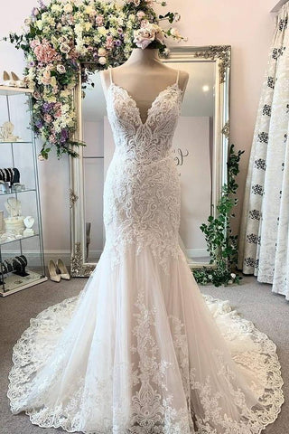 Formal Spaghetti Straps Long Mermaid Lace Wedding Dress Bridal Gowns Y0146