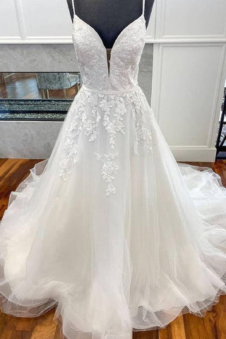 Charming Long Spaghetti Straps Tulle Wedding Dress Bridal Gowns Y0147