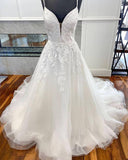 Charming Long Spaghetti Straps Tulle Wedding Dress Bridal Gowns Y0147