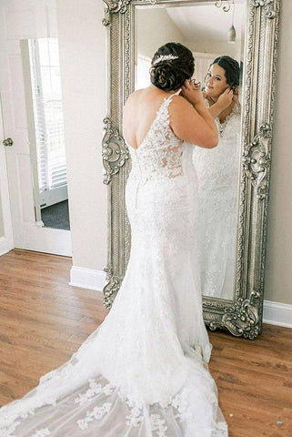 Classy Backless Long V-neck Lace Wedding Dress Pretty Bridal Dress Y0148