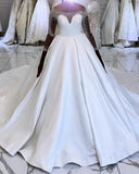 Gorgeous White Long Sleeves Ball Gown Beading Satin Long Wedding Dress Y0162