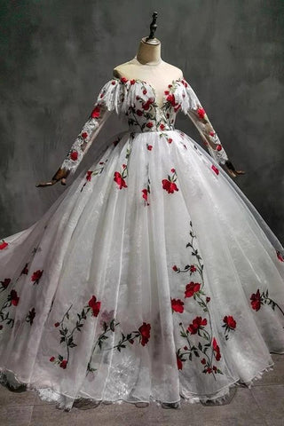 Newest Off The Shoulder Long Sleeves Lace Ball Gown Wedding Dress Princess Dress Y0165