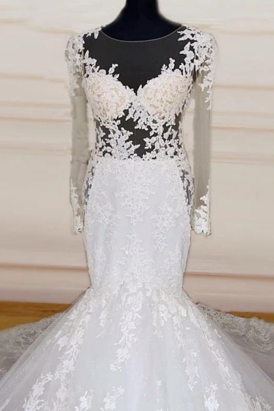 Elegant Long Scoop Neck Mermaid Wedding Dress With Sleeves Y0168