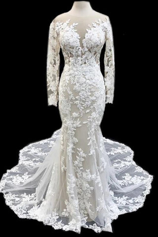 Charming Mermaid Long Sleeves Scoop Neckline Lace Wedding Dress Y0178