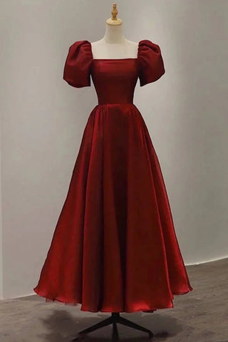 Ankle Length Burgundy A-line Satin Vintage Women Dress Long Prom Dress