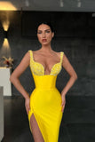 Yellow Sequins Spaghetti Straps Mermaid Prom Dress With Split PD0445