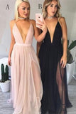 Flowy Deep V-neck A-line Tulle Long Prom Dresses - Bohogown