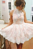 Pink And White Lace Halter Short Homecoming Dresses - Bohogown
