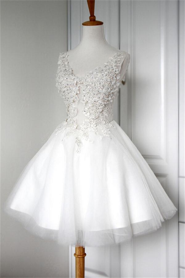 A-line Cute V-neck White Lace Appliques Short Homecoming Dresses - Bohogown