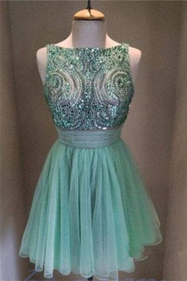 Cute Modest Green Beaded A-line Short Homecoming Dresses For Teens - Bohogown
