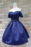 Simple Royal Blue Off Shoulder Satin Homecoming Dresses With Sleeves - Bohogown