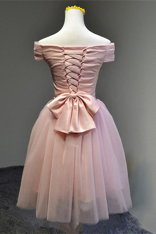 Simple Pink A-line Off Shoulder Lace Up Homecoming Dresses - Bohogown
