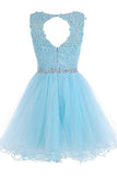 Cute Beaded Backless Light Blue Lace Short Homecoming Dresses - Bohogown