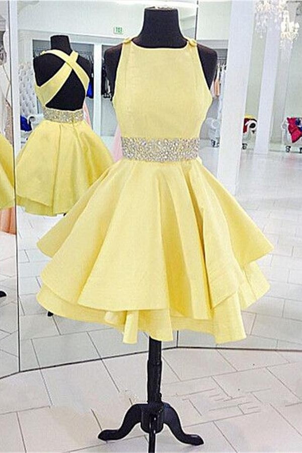 Yellow Beaded Backless Short Satin Homecoming Dresses - Bohogown