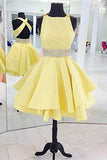 Yellow Beaded Backless Short Satin Homecoming Dresses - Bohogown