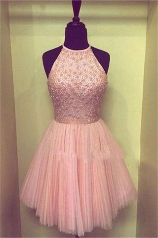 Pink Open Back Beaded Tulle Short Homecoming Dresses - Bohogown