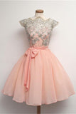 Cap Sleeves Pink Lace Tulle Chiffon Short Homecoming Dresses - Bohogown