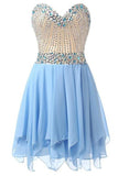 Cute Sweetheart A-line Light Blue Chiffon Beaded Short Homecoming Dresses - Bohogown
