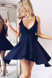 Simple V-neck Navy Blue Short Homecoming Dresses - Bohogown