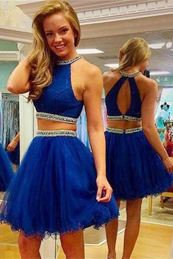 Modest Two Pieces Beaded Royal Blue Tulle Homecoming Dresses - Bohogown