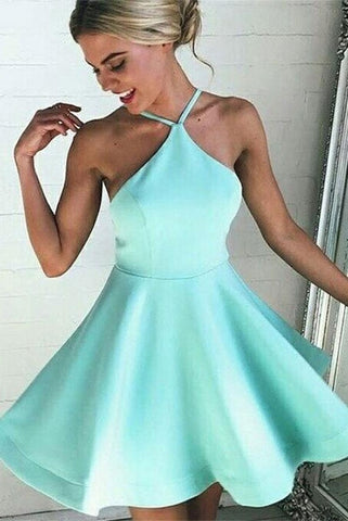 Simple Cute Open Back Mint Satin Short Homecoming Dresses - Bohogown