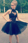 Black High Neckline Beading Short Lace Homecoming Dresses - Bohogown