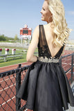 Modest V-neck Beaded Black Lace Short Homecoming Dresses - Bohogown