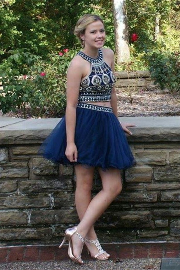 Princess Two Pieces Beaded Blue Tulle Short Homecoming Dresses - Bohogown