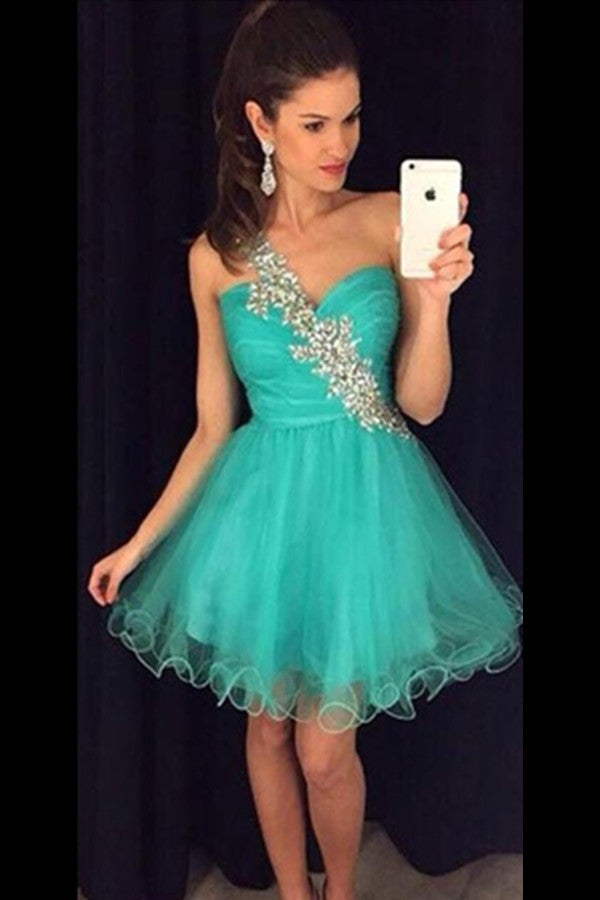 One Shoulder Beaded Tulle Green Formal Homecoming Dresses For Teens - Bohogown