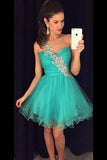 One Shoulder Beaded Tulle Green Formal Homecoming Dresses For Teens - Bohogown
