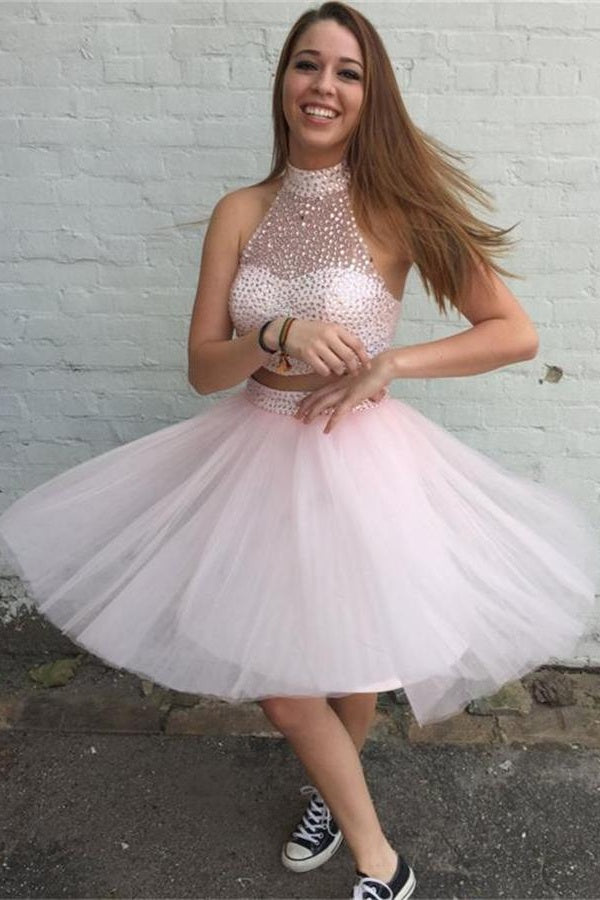 Girly Two Pieces Pink Halter Beaded Tulle Short Homecoming Dresses - Bohogown