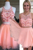 Pink Two Pieces Beaded Open Back A-line Short Homecoming Dresses For Teens - Bohogown