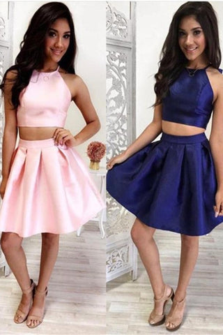Two Pieces A-line Royal Blue Satin Homecoming Dresses - Bohogown