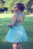Pretty Beaded Light Blue Backless Lace Tulle Short Homecoming Dresses