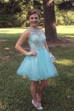 Pretty Beaded Light Blue Backless Lace Tulle Short Homecoming Dresses