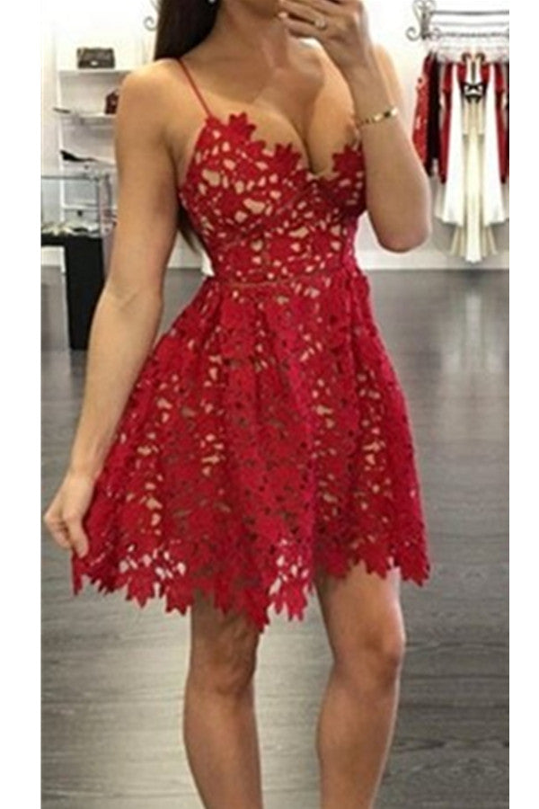 A-line Spaghetti Straps Open Back Red Lace Short Homecoming Dresses - Bohogown
