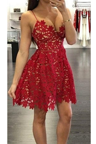 A-line Spaghetti Straps Open Back Red Lace Short Homecoming Dress - Bohogown