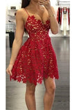 A-line Spaghetti Straps Open Back Red Lace Short Homecoming Dress - Bohogown