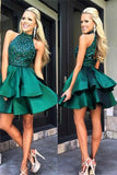 Modest A-line Green Beaded Satin Short Homecoming Dresses - Bohogown