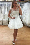 Cute White Lace Beaded Short Homecoming Dresses - Bohogown
