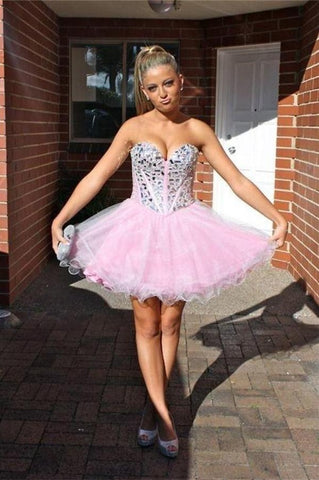 Modest Pink Sweetheart Tulle Beaded Short Homecoming Dresses - Bohogown